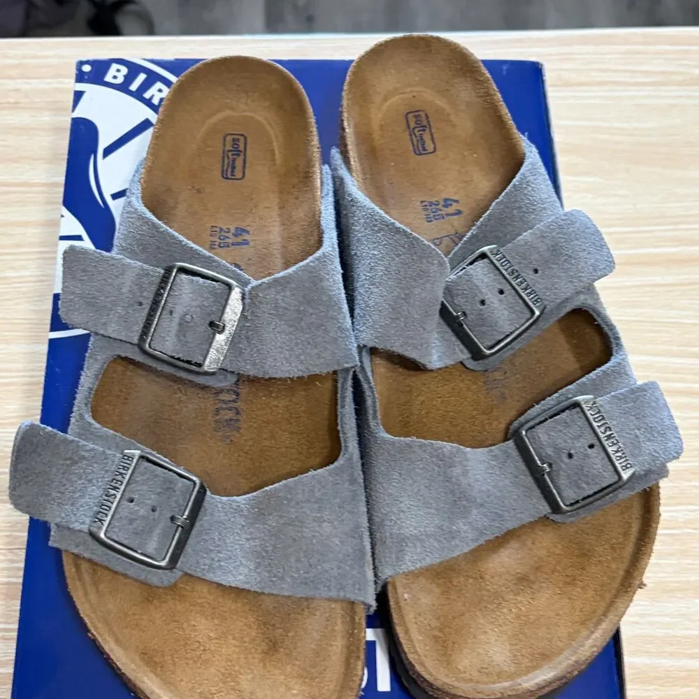 Birkenstock Sandals Arizona Suede Leather Stone Blue Adjustable Strap EUC EU 41